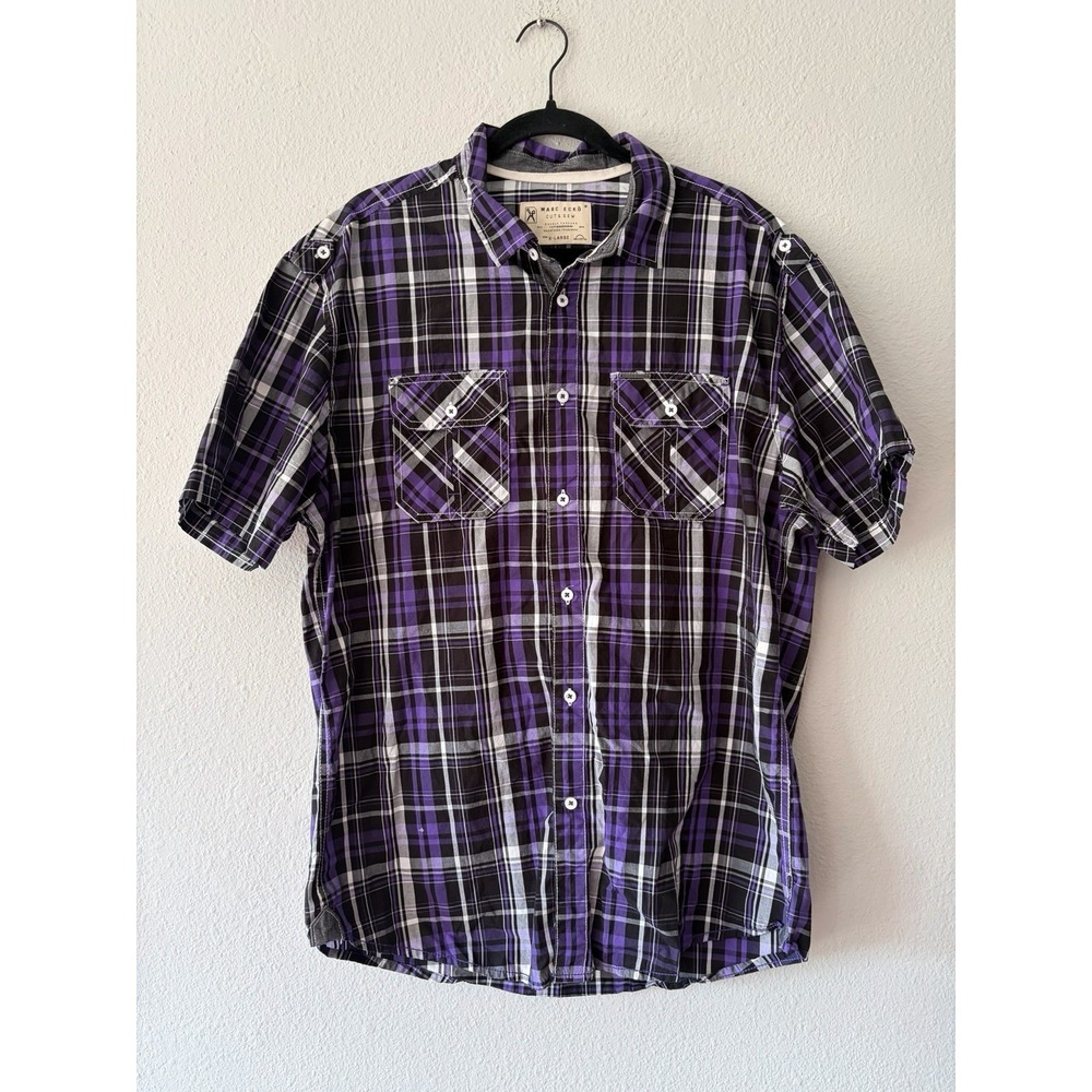 Marc Ecko Shirt Mens Large Purple Plaid Short Sleeve Button Up Cotton Pockets XL